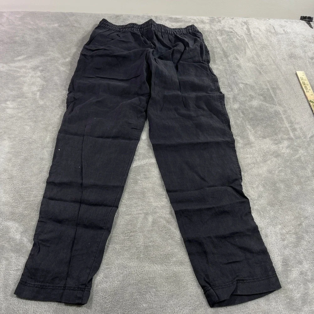 H&M Linen Blend Pants Women‎ Size M Black Drawstring Elastic Waist Tapered Leg